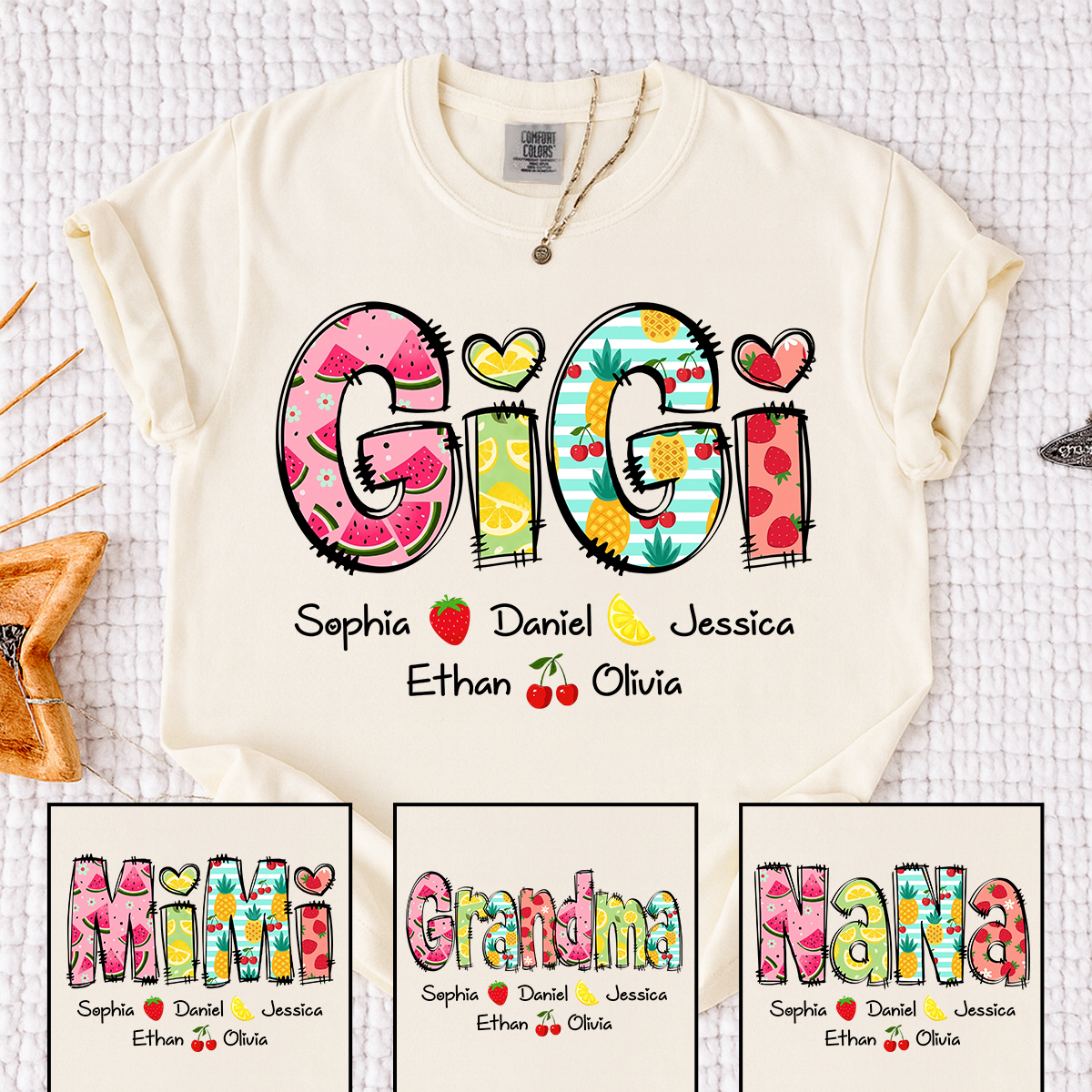 Comfort Colors Custom Gigi Shirt with Kids Names, Personalized Grandma Summer T Shirt, Fruit Pattern Graphic Tee for Nana Mimi Grammy
