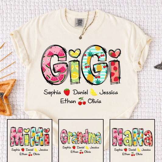Comfort Colors Custom Gigi Shirt with Kids Names, Personalized Grandma Summer T Shirt, Fruit Pattern Graphic Tee for Nana Mimi Grammy