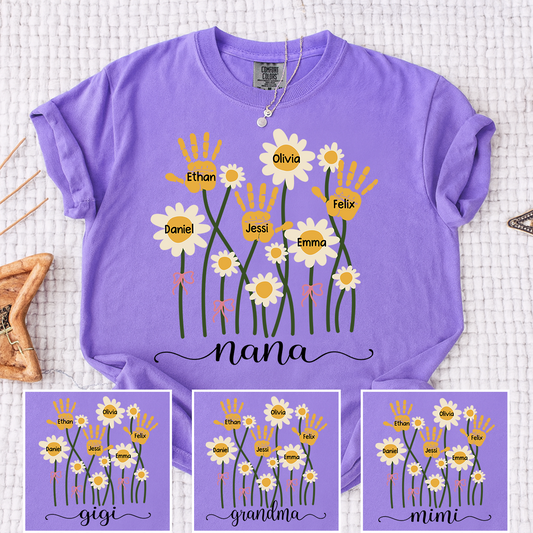 Comfort Colors Personalized Nana Shirt, Custom Handprint Daisy Flower Design, Grandkids Names Tee, Mother's Day Gift for Nana