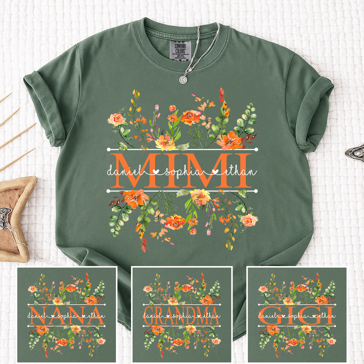 Comfort Colors Custom Mimi T-Shirt with Orange Wildflowers – Personalized Grandmother Gift Featuring Kids Names