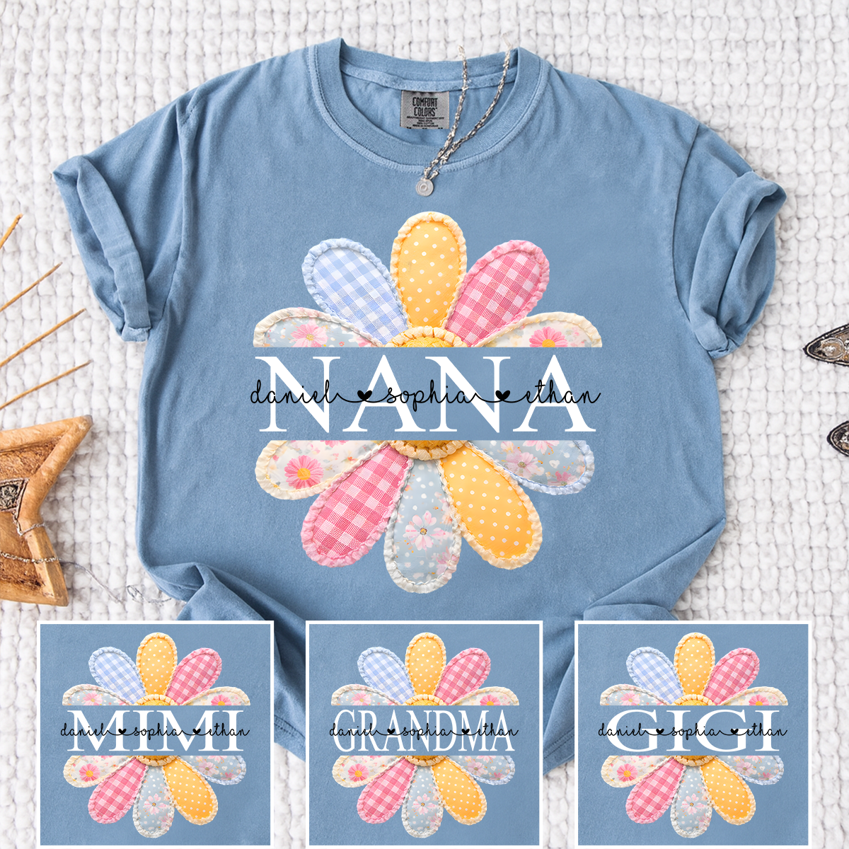 Comfort Colors Personalized Nana Shirt with Colorful Patchwork Daisy – Custom Grandma Gift with Grandkids  Names