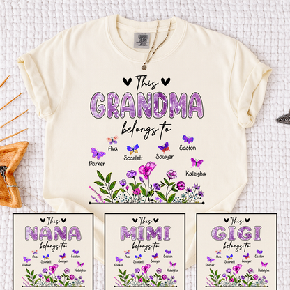 Comfort Colors® This Grandma Belongs To Tee, Custom Grandma Shirt with Grandkids Names, Floral Garden Theme, Meaningful Family Apparel
