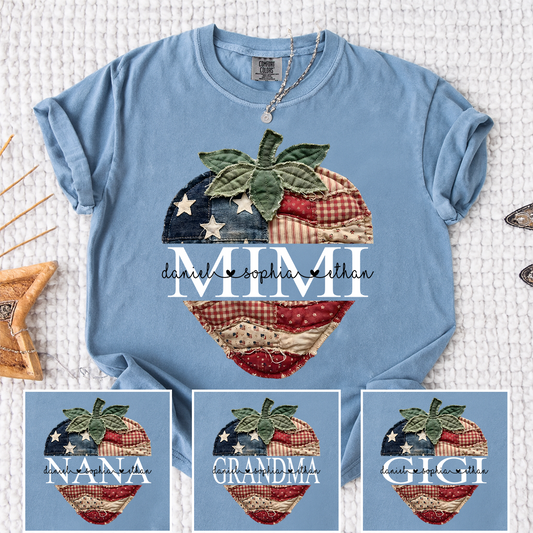 Comfort Colors Personalized Mimi Patriotic Strawberry Shirt, Custom Grandma American Flag Patchwork Tee for Women, Family Gift for 4th of July