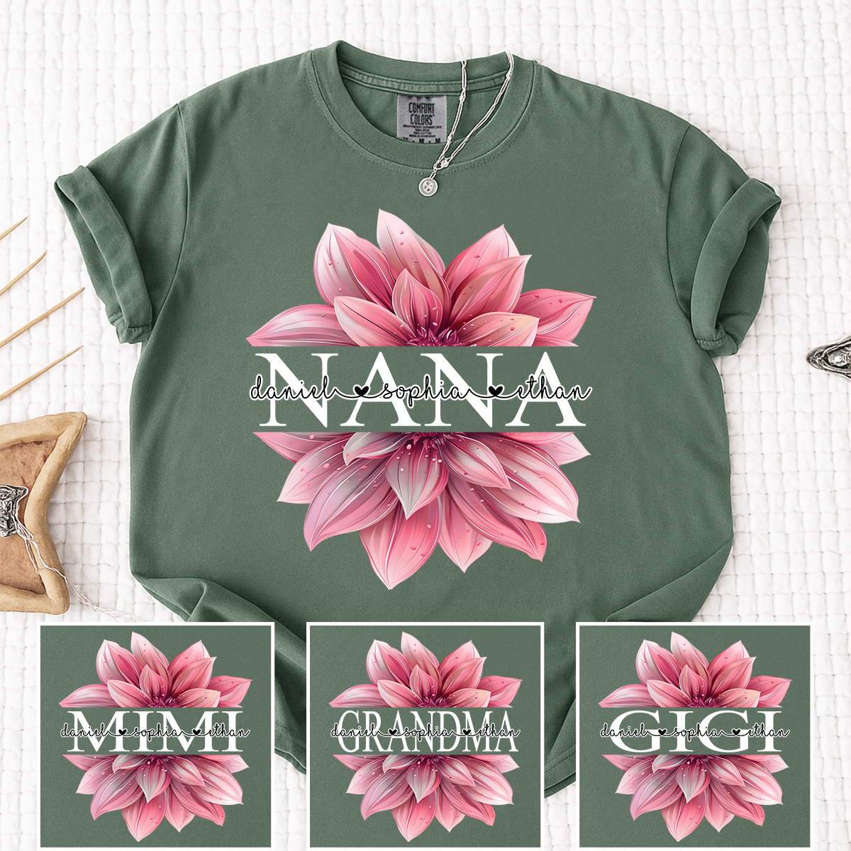 Comfort Colors Personalized Nana Shirt with Pink Lotus Flower Design, Custom Gift for Grandma with Grandkids Names