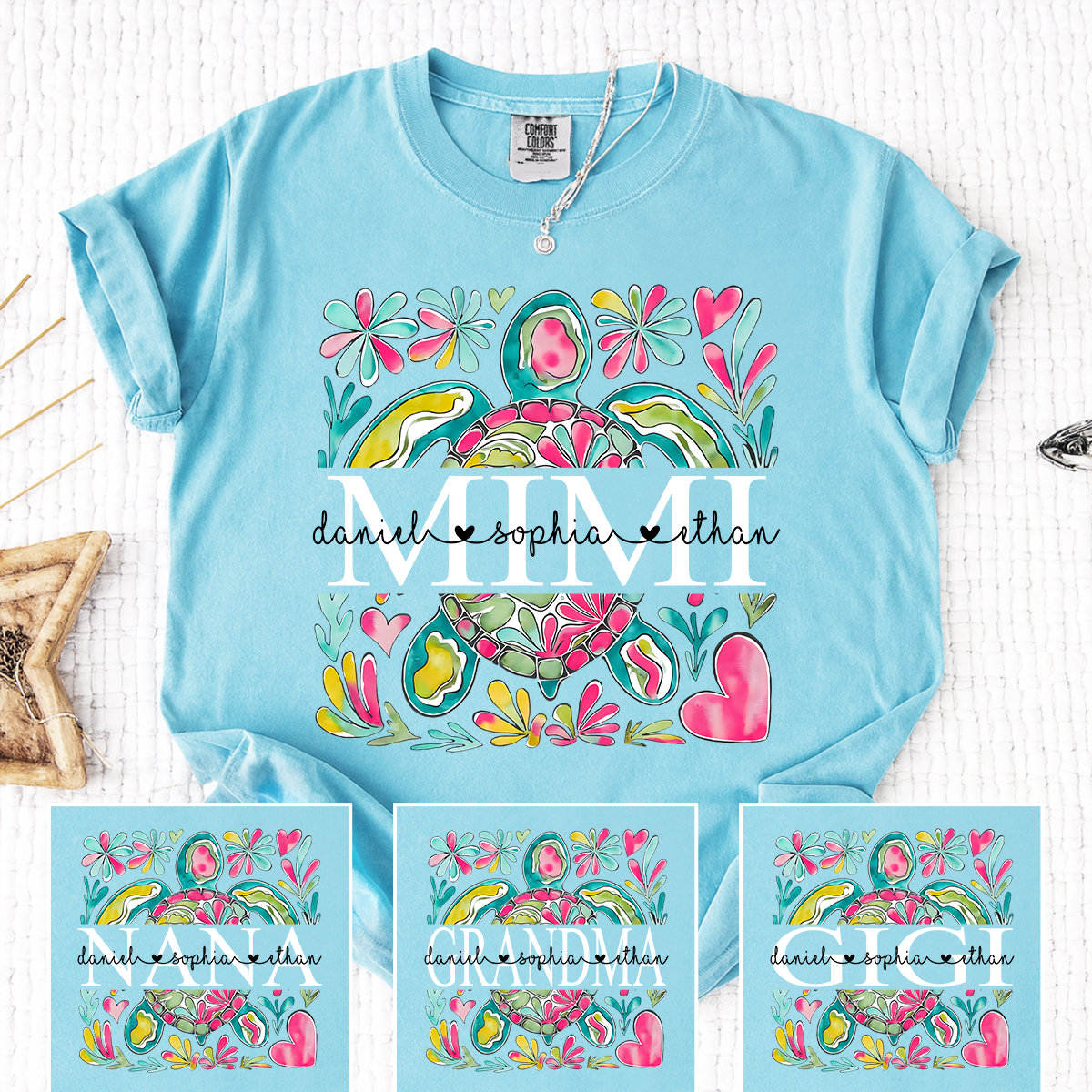 Comfort Colors Personalized Mimi Sea Turtle Shirt, Custom Grandma T Shirt with Grandkids Names, Coastal Family Gift for Mimi Nana Gigi