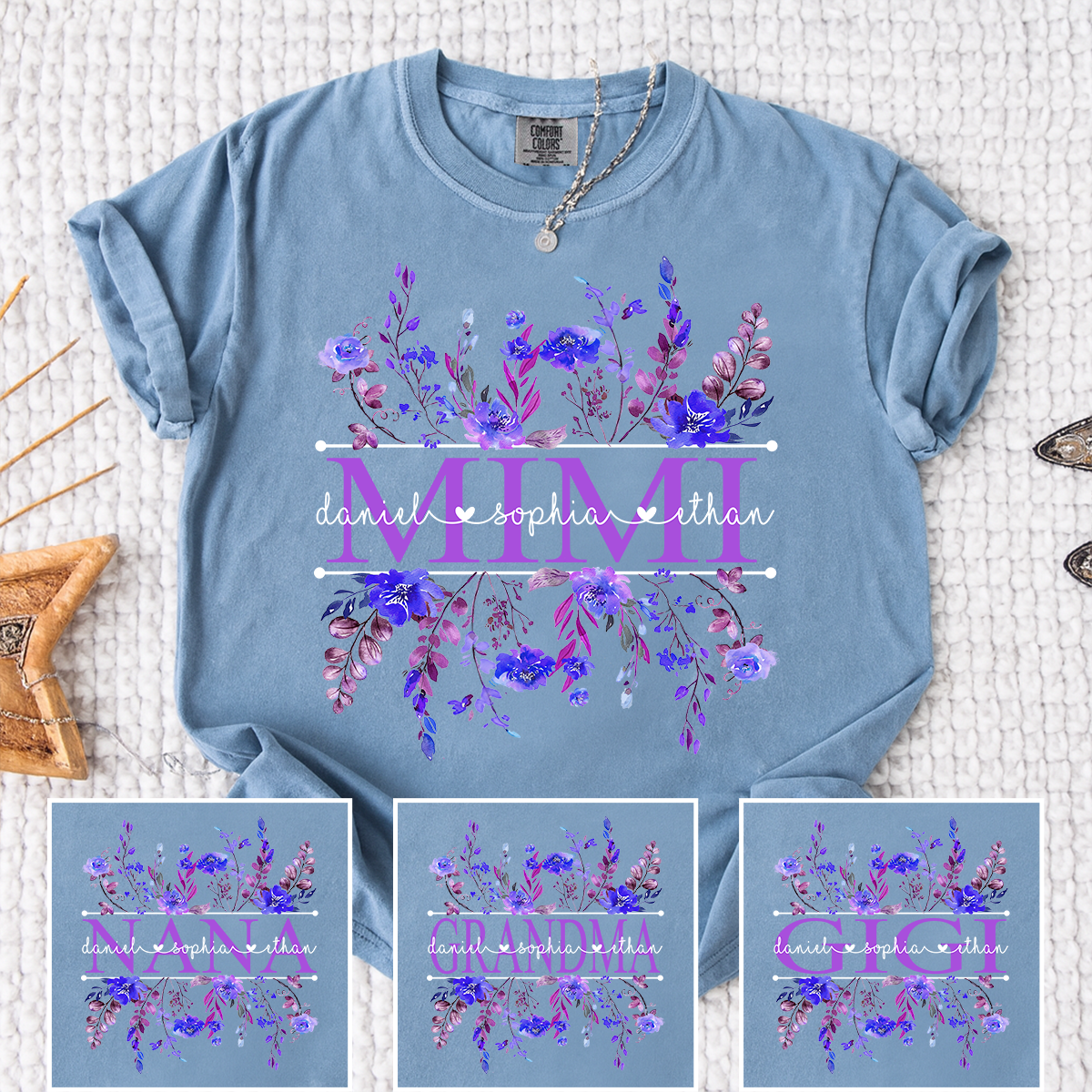 Comfort Colors Personalized Mimi Shirt with Purple Wildflower Design – Custom Grandma Gift with Grandkids Names