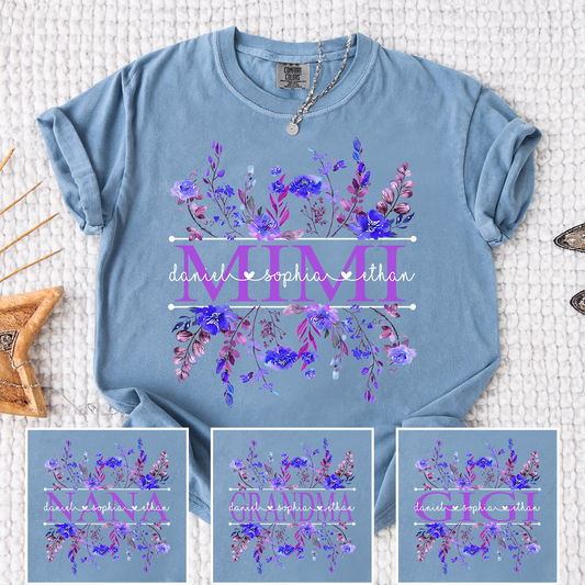 Comfort Colors Personalized Mimi Shirt with Purple Wildflower Design – Custom Grandma Gift with Grandkids Names
