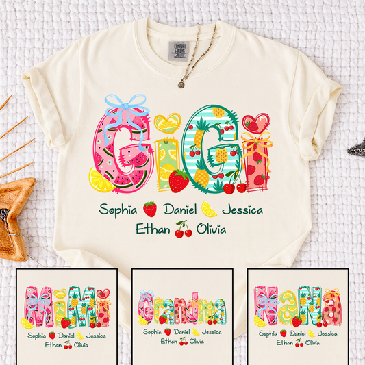 Comfort Colors Custom Gigi Shirt for Grandma, Personalized Family Name T Shirt, Summer Fruit Graphic Tee with Kids Names