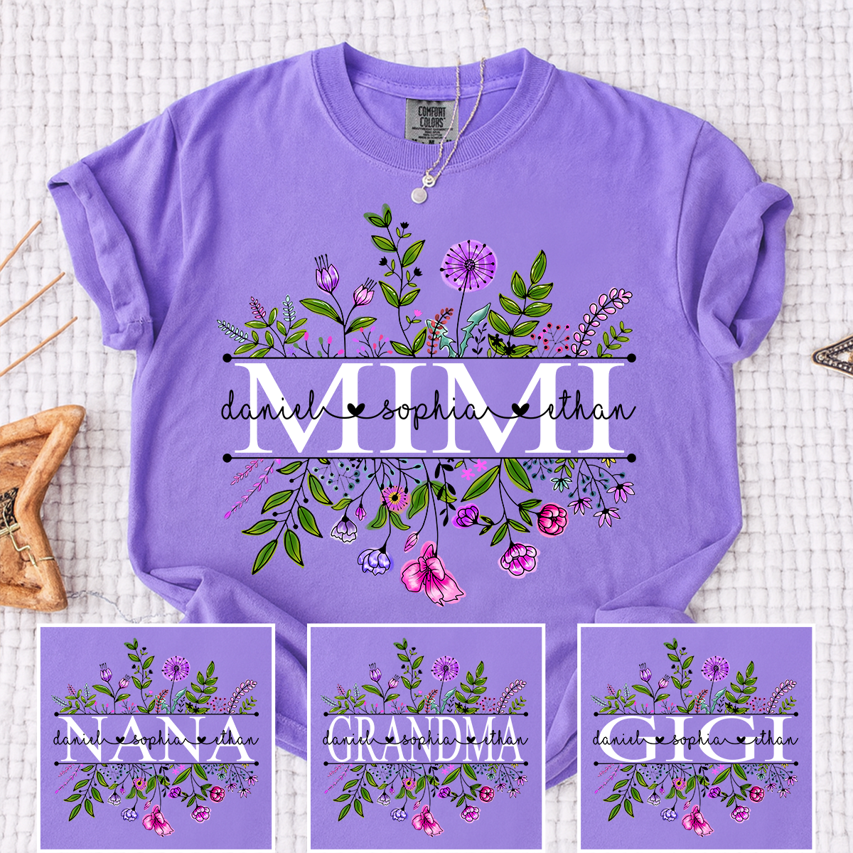 Comfort Colors Custom Mimi Shirt, Floral Graphic with Personalized Grandkids Names, Perfect Gift for Grandma