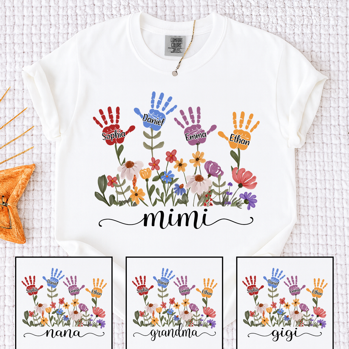 Comfort Colors Mimi Custom T Shirt with Kids Handprints, Personalized Family Names and Colorful Flower Design