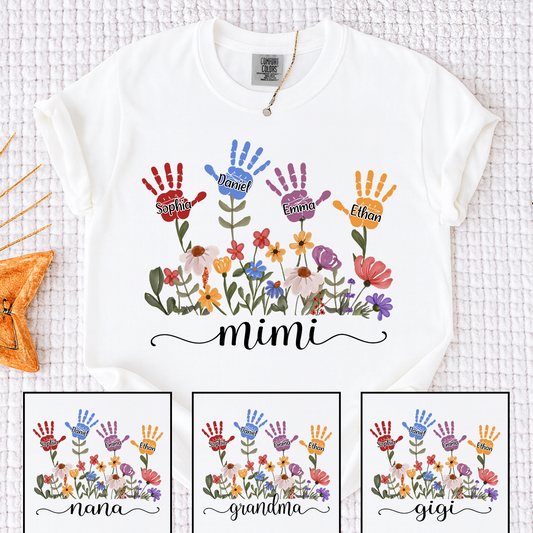 Comfort Colors Mimi Custom T Shirt with Kids Handprints, Personalized Family Names and Colorful Flower Design