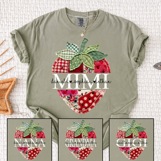 Comfort Colors Mimi Custom Family Tee, Colorful Patchwork Strawberry Shirt with Children’s Names, Gift for Mom Nana or Grandma