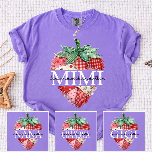 Comfort Colors Custom Mimi Strawberry Patchwork Tee, Personalized Grandma Shirt with Grandchildren Names, Birthday Christmas Family Gift