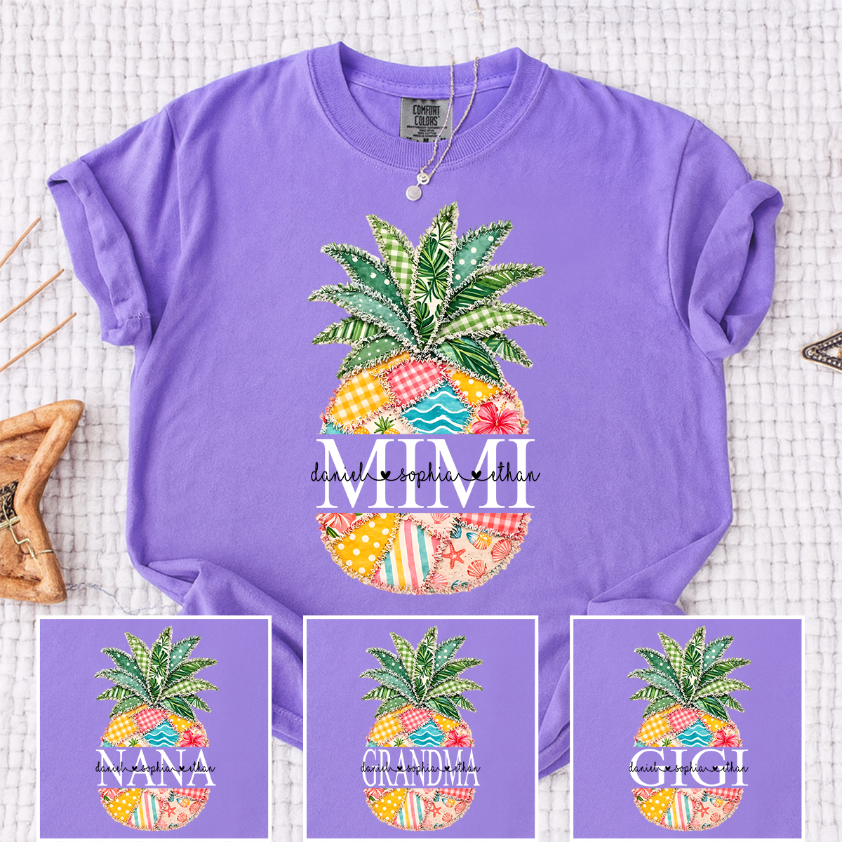 Comfort Colors Custom Mimi Pineapple Patchwork Shirt, Personalized Grandma Beach Tee with Grandchildren Names, Summer Family Gift