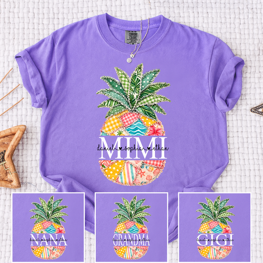 Comfort Colors Custom Mimi Pineapple Patchwork Shirt, Personalized Grandma Beach Tee with Grandchildren Names, Summer Family Gift