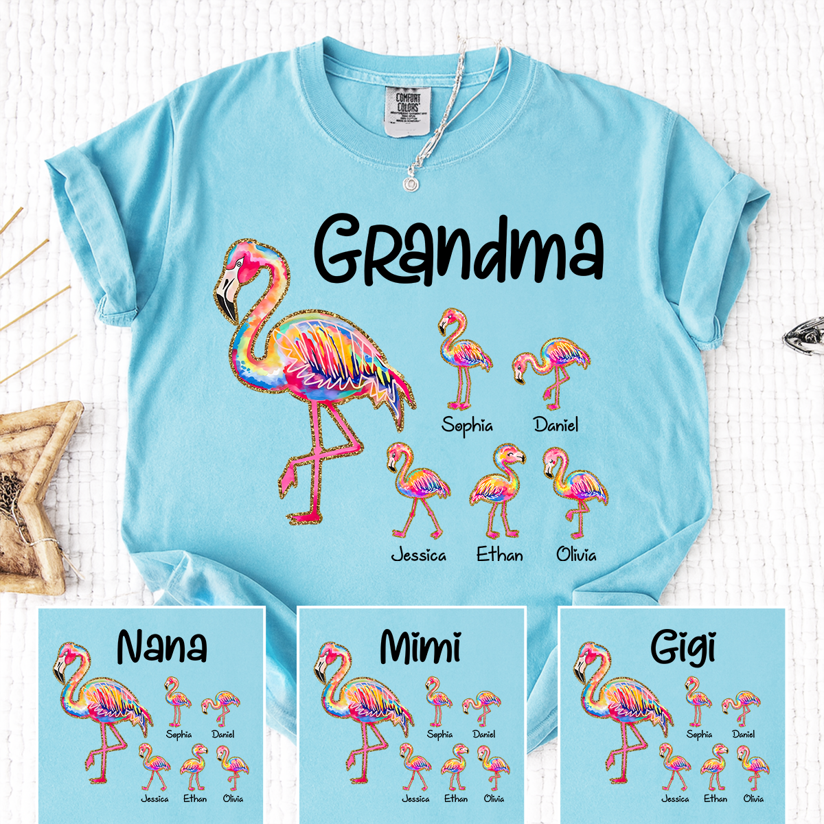 Comfort Colors Custom Grandma Flamingo Tee with Kids Names, Personalized Tropical Bird Shirt for Women, Summer Vacation Family Gift