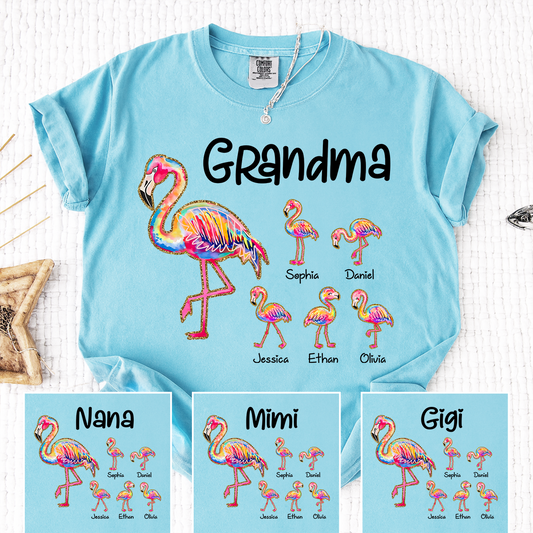 Comfort Colors Custom Grandma Flamingo Tee with Kids Names, Personalized Tropical Bird Shirt for Women, Summer Vacation Family Gift