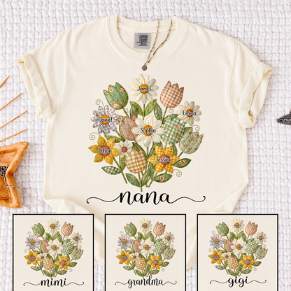Comfort Colors Personalized Nana Shirt with Grandkids Names, Custom Flower Bouquet Grandma T Shirt, Family Gift for Nana