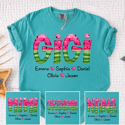 Comfort Colors Custom Gigi Grandma Shirt, Personalized Kids Names Watermelon Graphic Tee, Cute Summer Gift for Nana Mimi Grammy