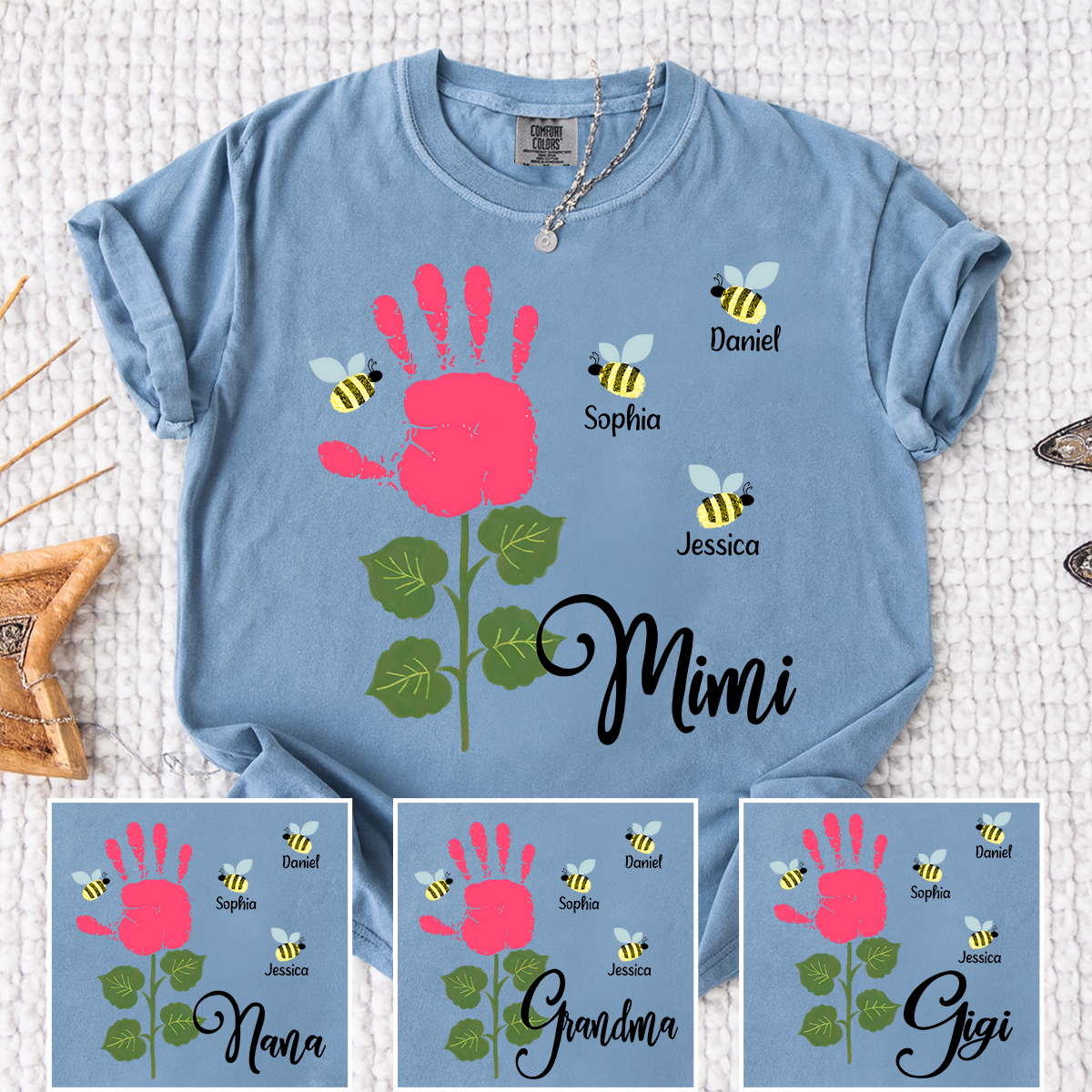 Comfort Colors Personalized Mimi Shirt, Custom Family Names with Handprint Flower Design and Bees, Perfect Gift for Mimi