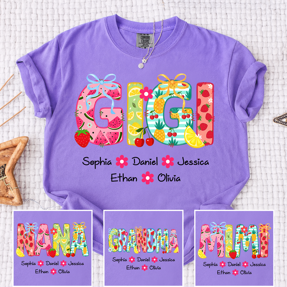 Comfort Colors Personalized Gigi Summer Shirt, Custom Grandma T Shirt with Grandkids Names, Fruit Pattern Family Tee for Gigi Nana Mimi