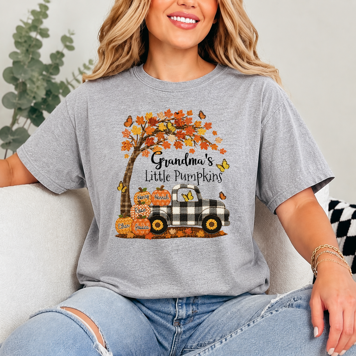 Custom Patchwork Grandma Pumpkin Shirt, Personalized Nana Mimi Tractor Fall Shirt with Kids Names