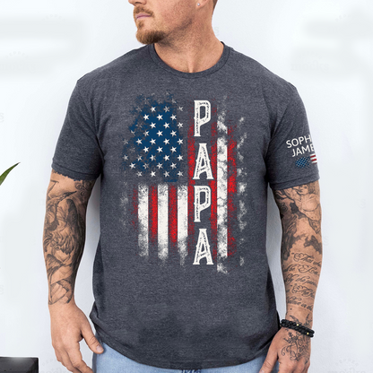 Custom Papa Shirt, 4th of July American Flag Design, Personalized with Family Names, Patriotic Gift Tee