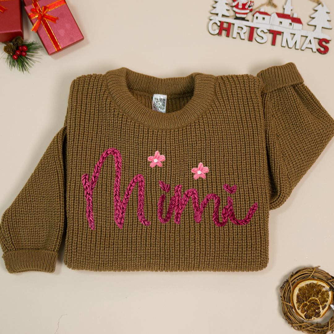 Hands Embroidery Women's Flower Block Short Sweater, Hand Embroidered Custom Name Sweater ,Oversized Sweater, Embroidered Name Sweater