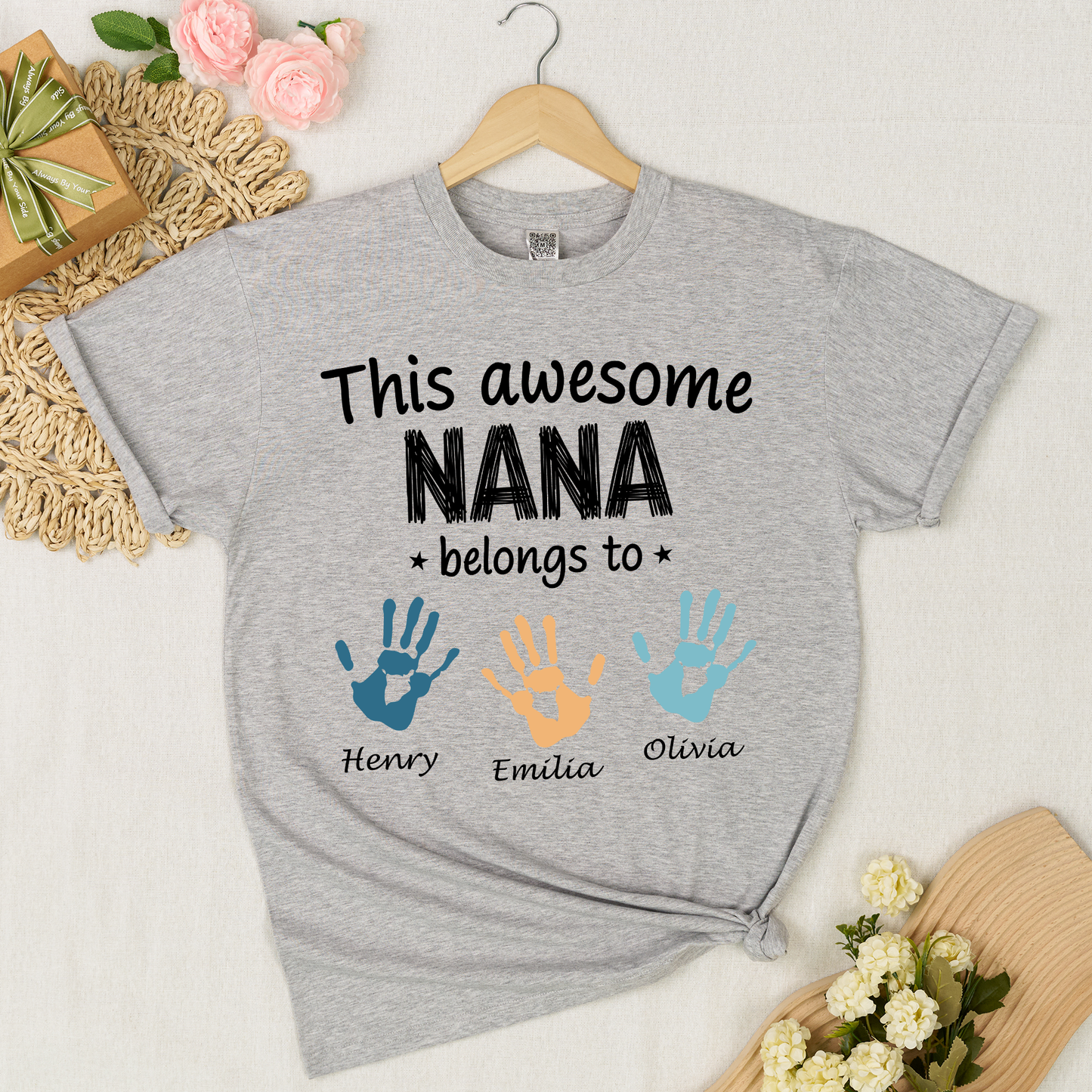 Personalized Nana Shirt with Kids Names & Handprints, Custom Grandma T Shirt, This Awesome Nana Belongs To, Gift for Nana from Grandkids, Family Matching Tee