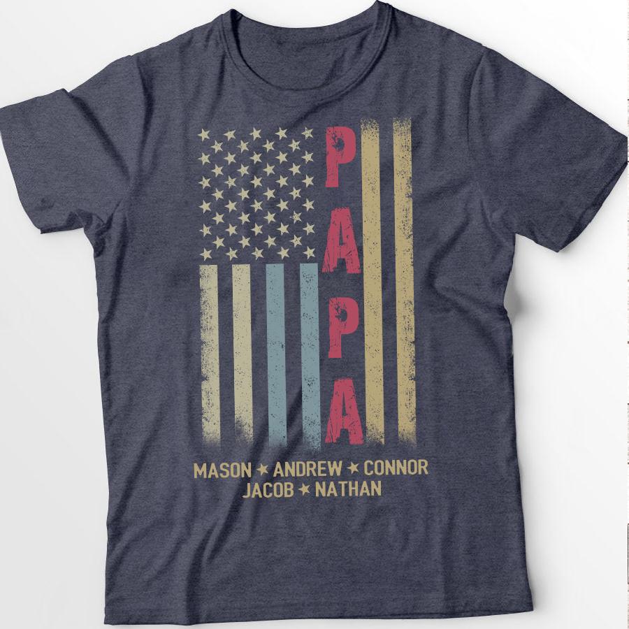 Personalized Grandpa Shirt, Papa Shirt, American flag - Papa With Grandkid Names