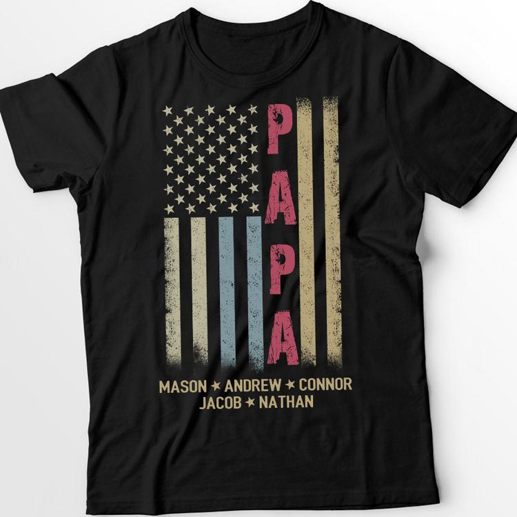 Personalized Grandpa Shirt, Papa Shirt, American flag - Papa With Grandkid Names