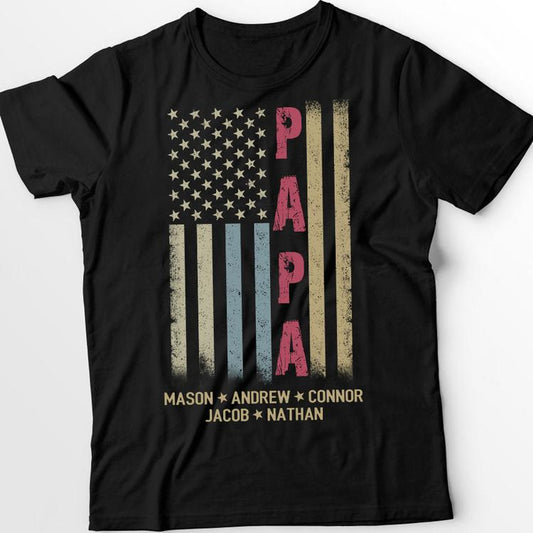 Personalized Grandpa Shirt, Papa Shirt, American flag - Papa With Grandkid Names