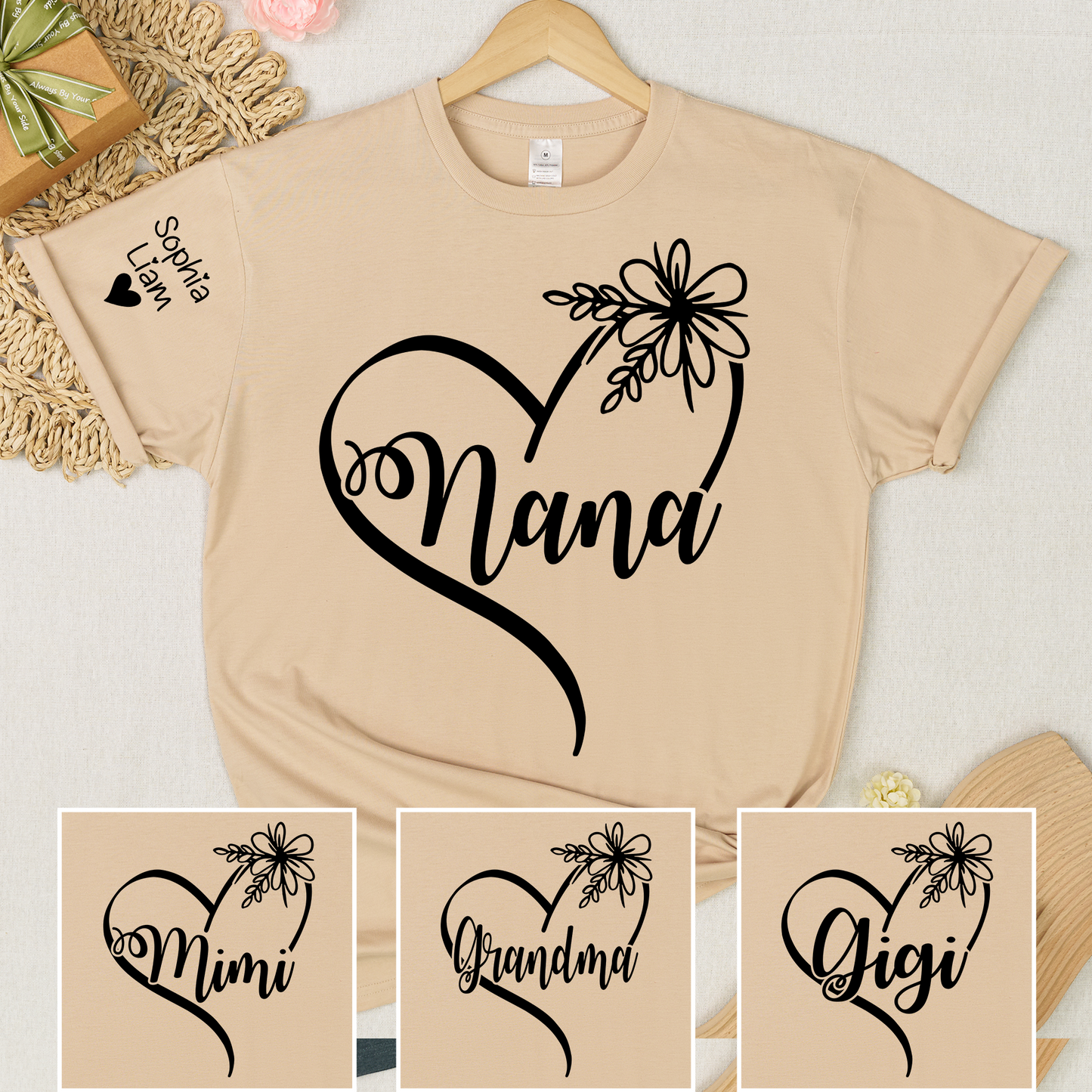 Custom Nana T-Shirt with Elegant Heart and Flower Design – Personalized Gift for Grandma
