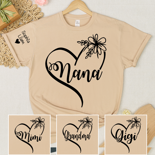 Custom Nana T-Shirt with Elegant Heart and Flower Design – Personalized Gift for Grandma