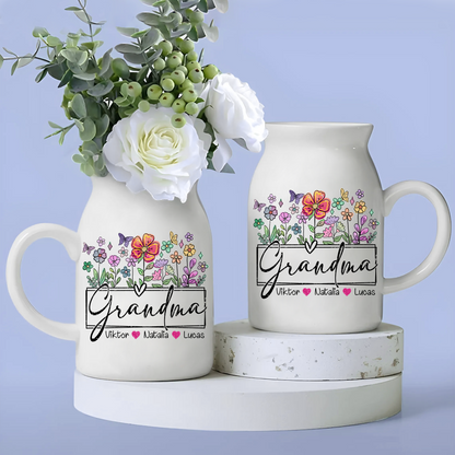 Wildflower Grandma And Kids - Custom Home Decoration Flower Vase According To Family Requirements - Warm Gift For Mother's Day, Ceramic Flower Vase