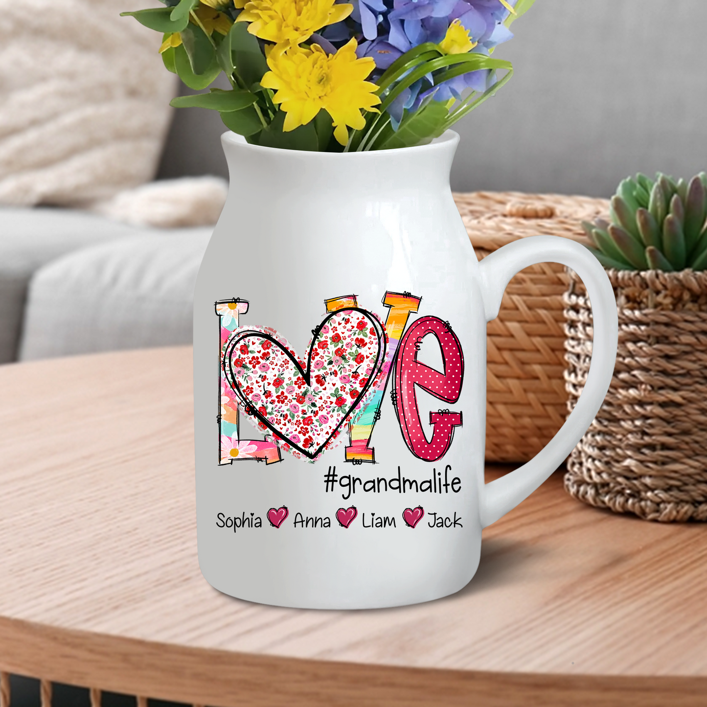 Heart Custom Name Grandma And Kids - Custom Home Decoration Flower Vase According To Family Requirements - Warm Gift For Mother's Day, Ceramic Flower Vase