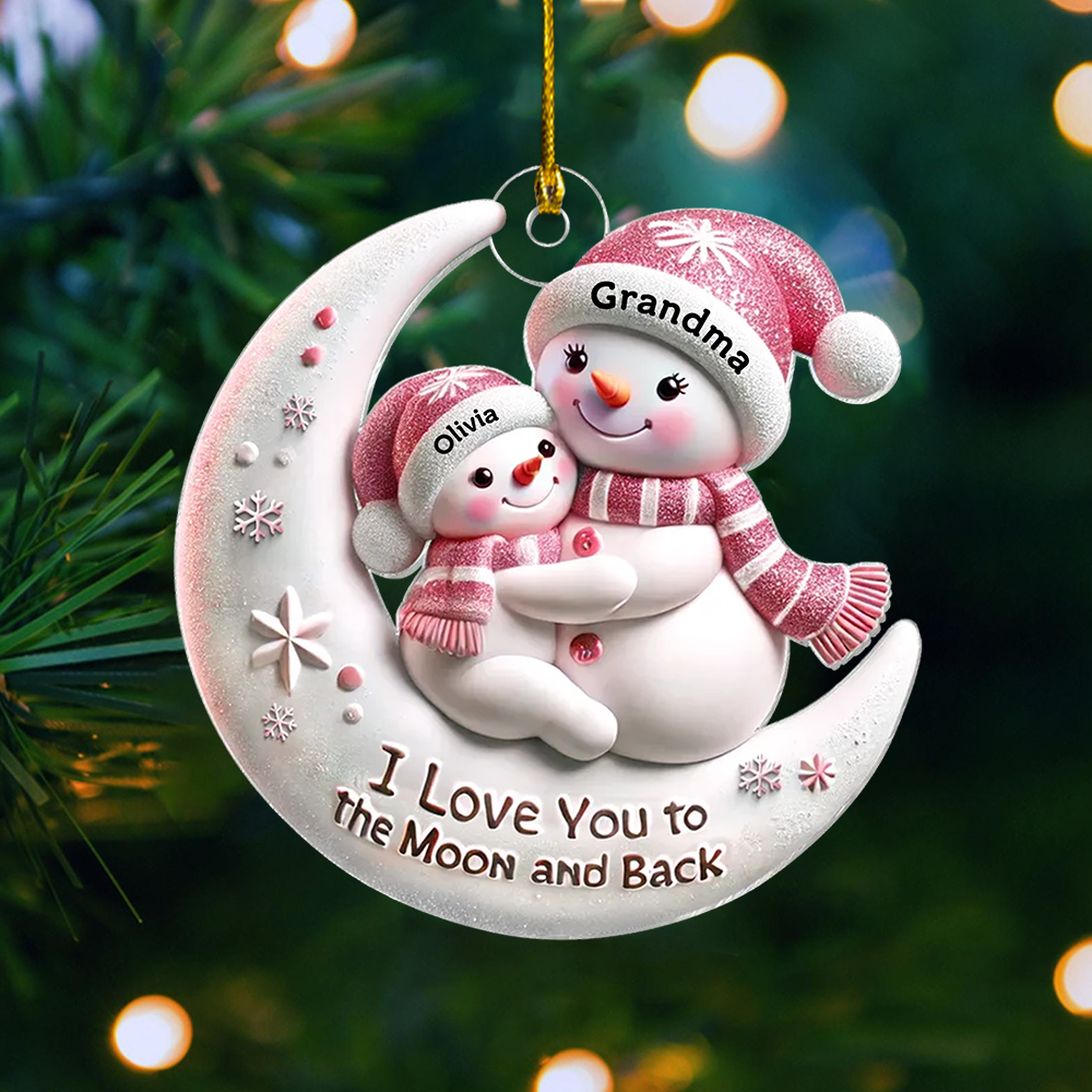Snowman Grandma & Hugging Grandkid On The Moon Personalized Acrylic Ornament, Christmas Gift For Granddaughter, Grandson Ornament
