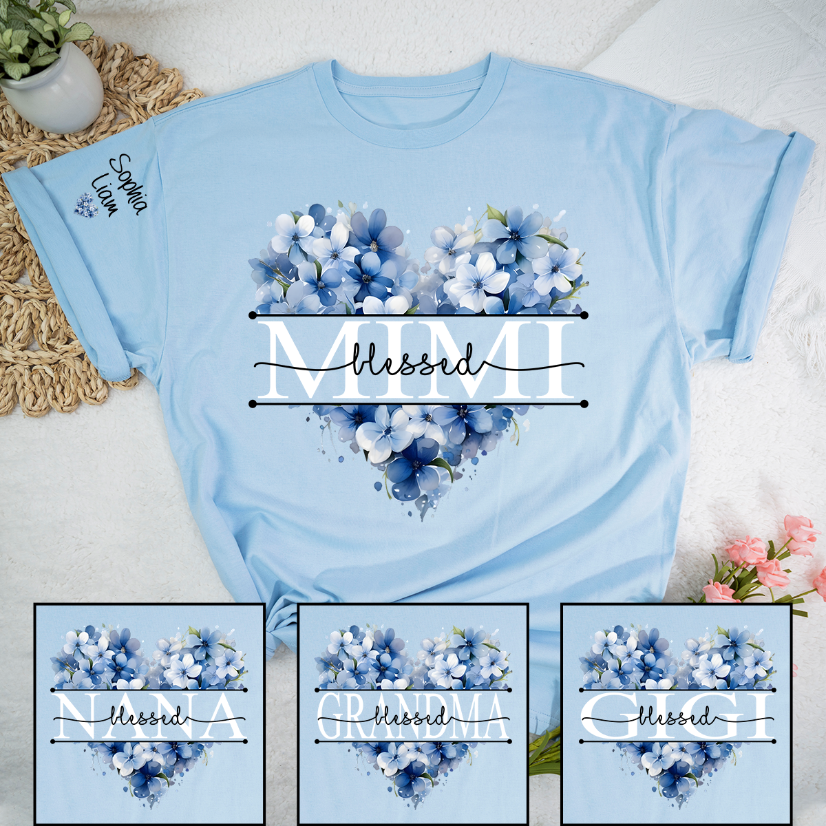 Personalized Blessed Mimi Floral Heart T Shirt, Custom Family Names with Beautiful Blue Flowers, Perfect Gift for Mimi
