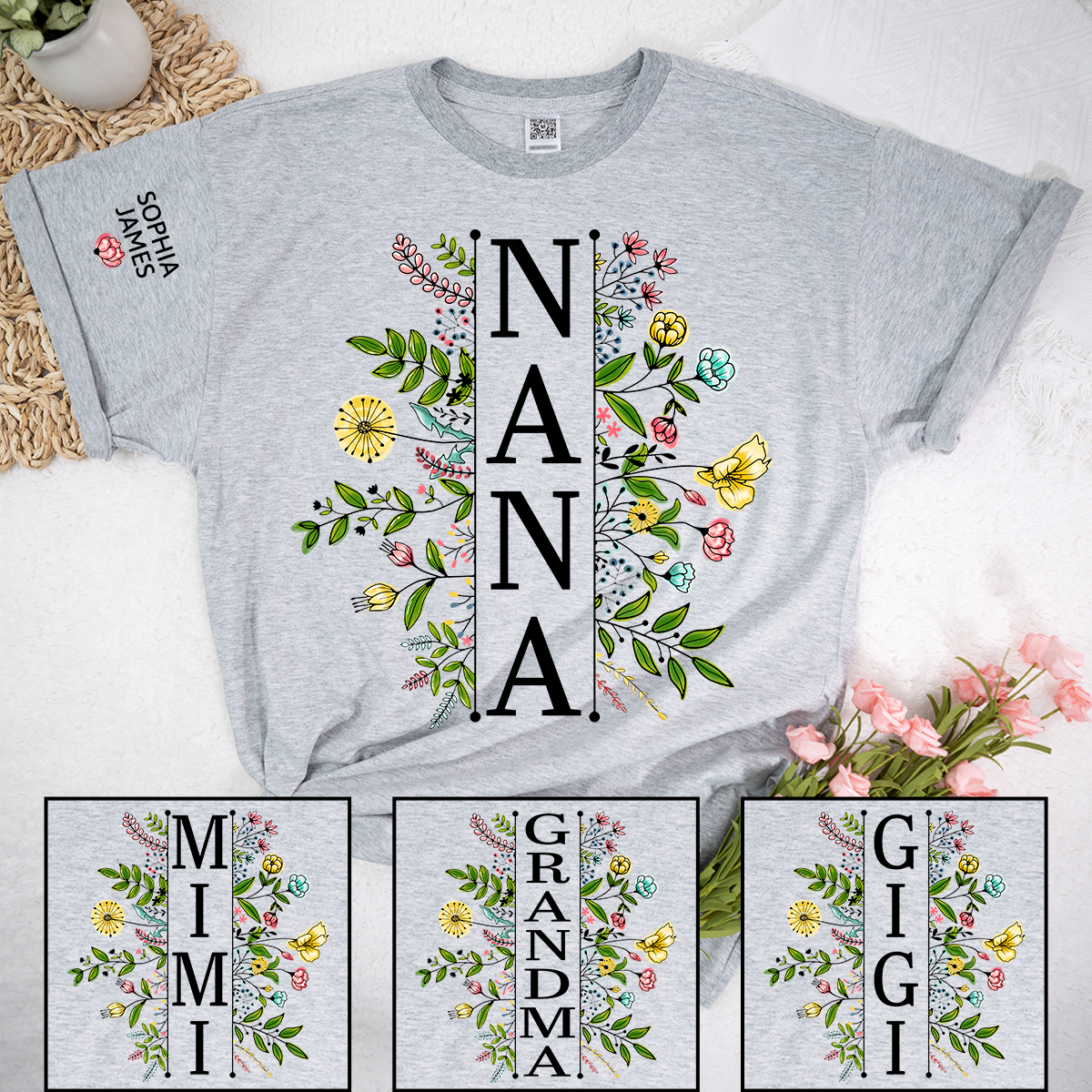 Custom Nana T Shirt with Colorful Floral Artwork, Personalized Gift for Grandma Featuring Kids Names