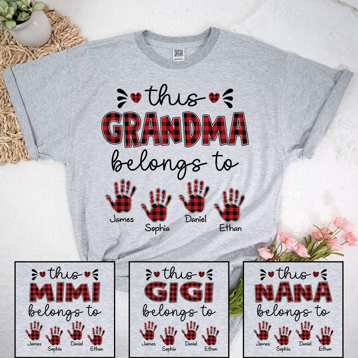 This Grandma Belongs To Tee, Custom Grandma Shirt with Grandkids Names, Red Plaid Handprint Gift, Meaningful Family Apparel