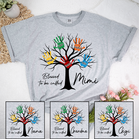 Personalized Mimi Shirt Blessed To Be Called Mimi Custom Grandkids Names Handprint Tree Grandma Gift