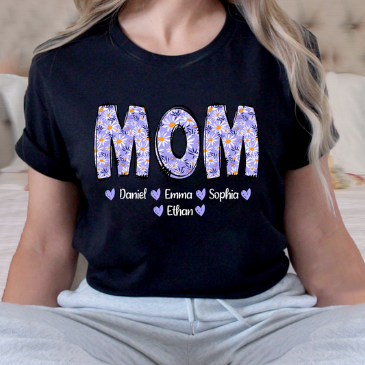 Custom Mom Mama Purple Daisy With Kids Mother's Day T-Shirt