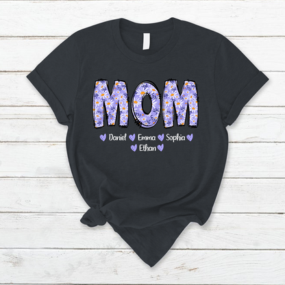 Custom Mom Mama Purple Daisy With Kids Mother's Day T-Shirt