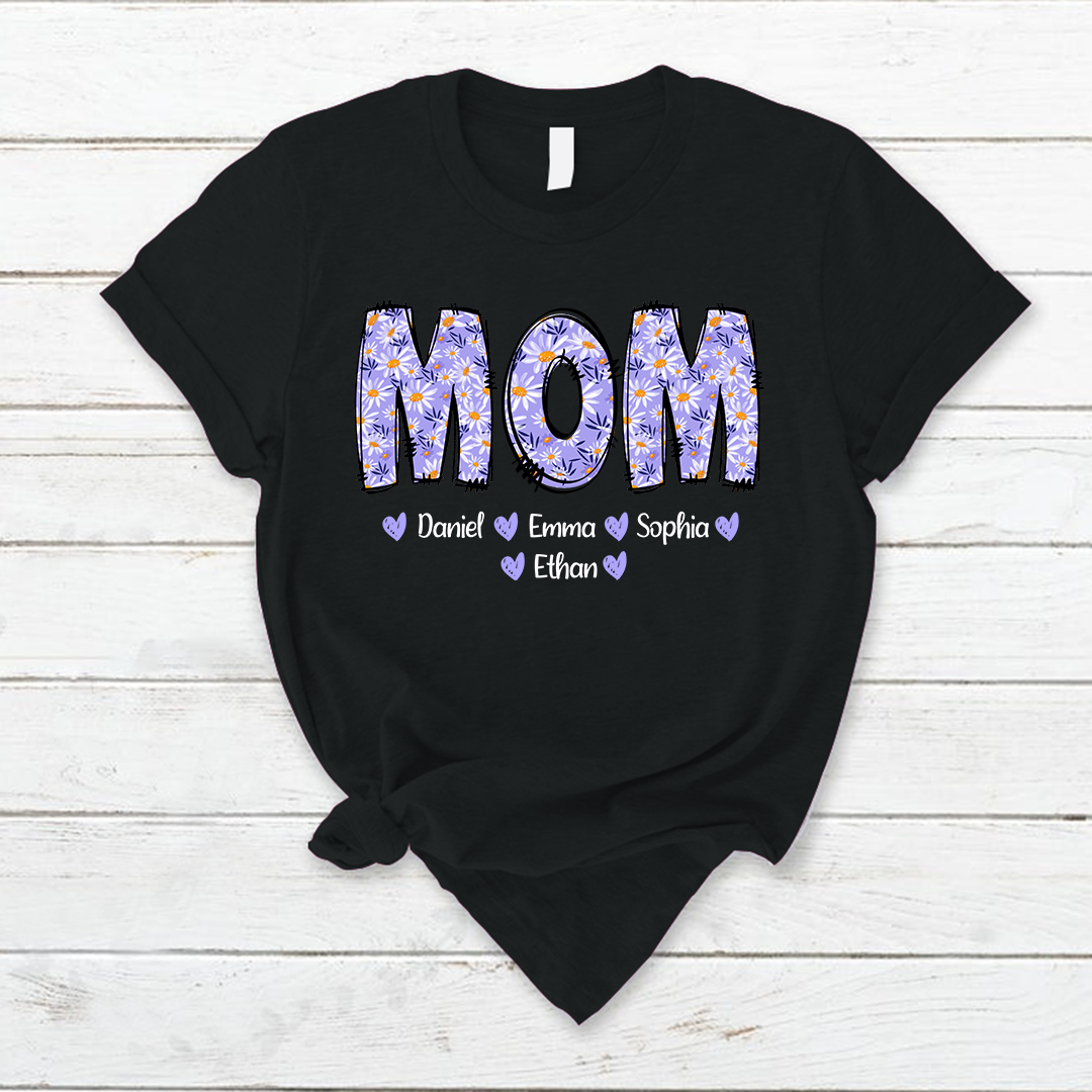 Custom Mom Mama Purple Daisy With Kids Mother's Day T-Shirt