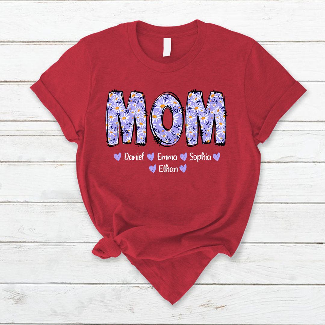 Custom Mom Mama Purple Daisy With Kids Mother's Day T-Shirt