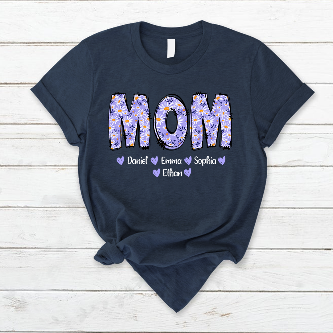 Custom Mom Mama Purple Daisy With Kids Mother's Day T-Shirt