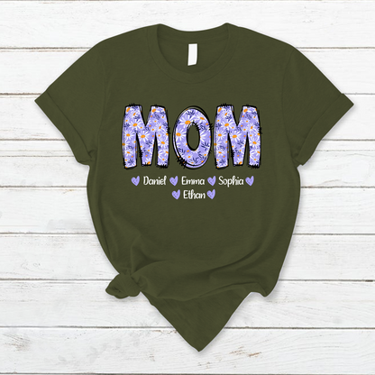 Custom Mom Mama Purple Daisy With Kids Mother's Day T-Shirt