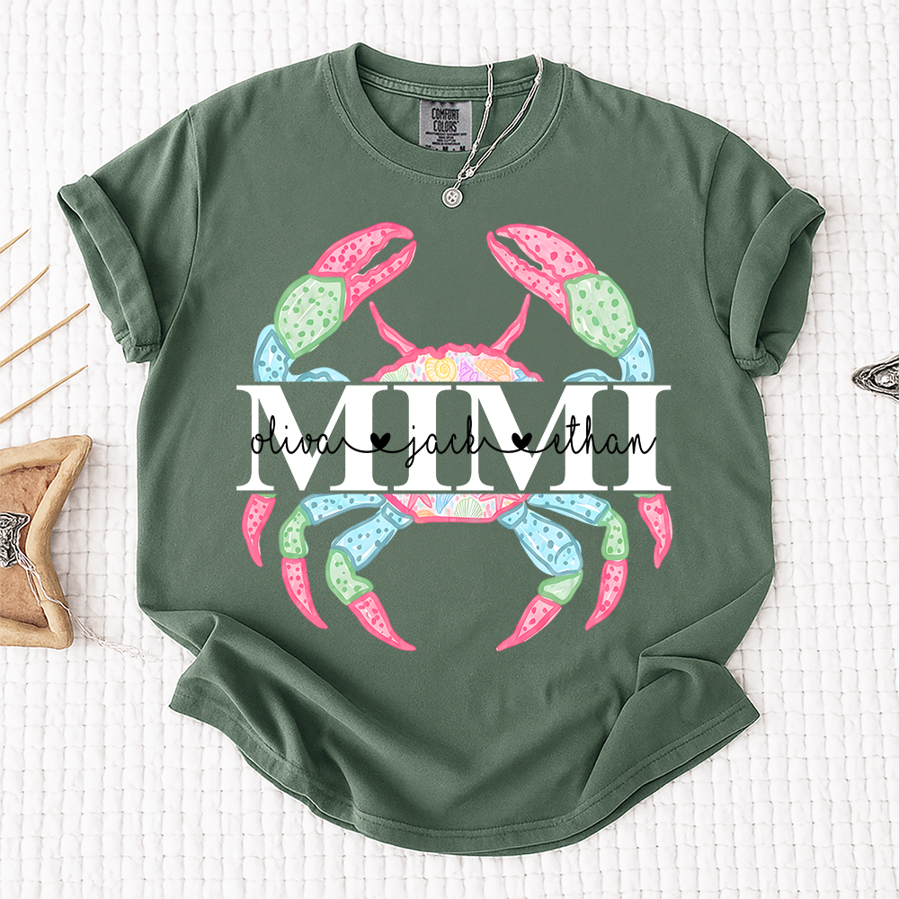 Comfort Colors Personalized Mimi Crab Shirt, Custom Grandkids Names Beach Shirt, Coastal Grandma Summer Shirt, Ocean Lover Gift for Grandma