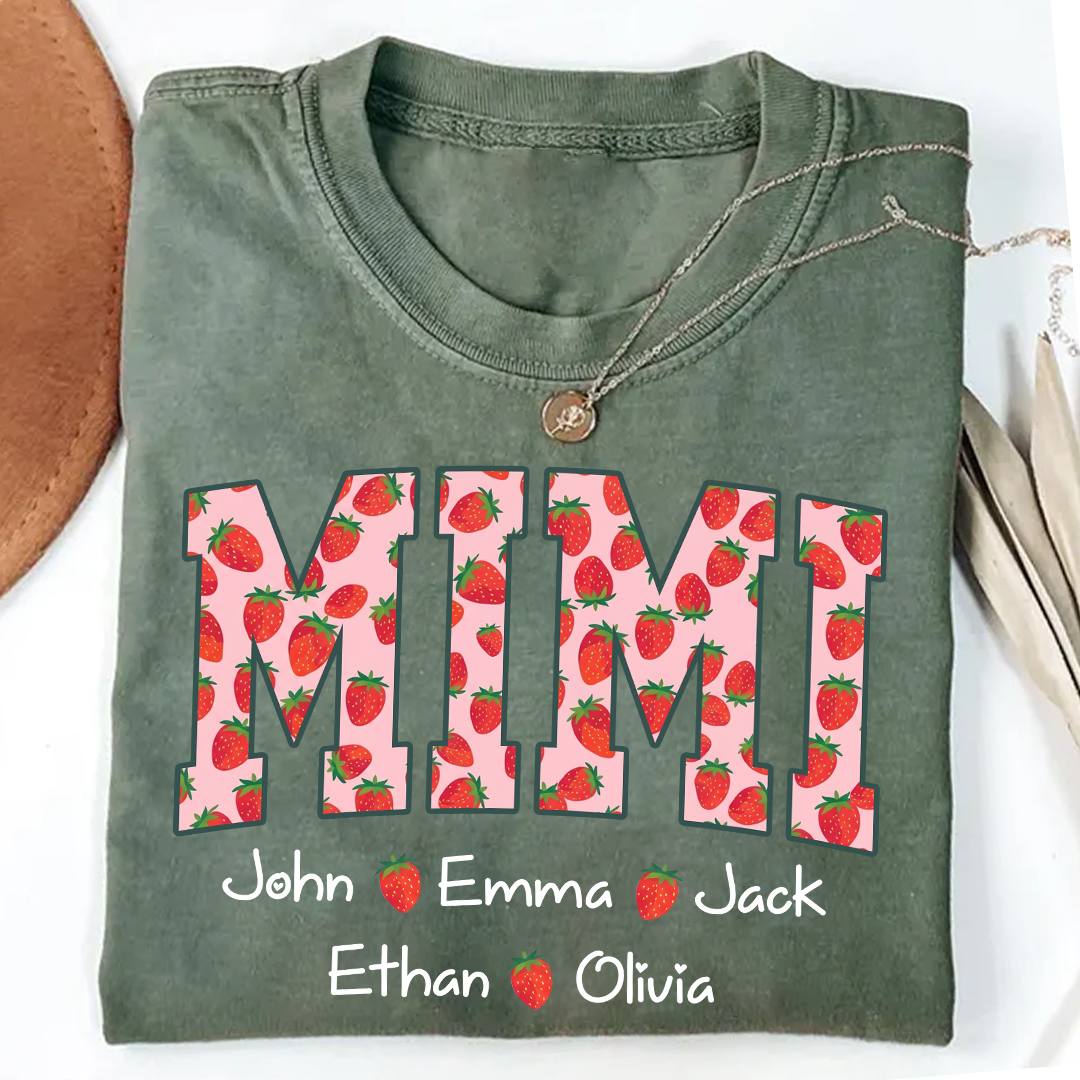 Comfort Colors® Personalized Mimi Strawberry Shirt, Custom Grandma Shirt with Grandkids Names, Cute Strawberry Graphic T-Shirt