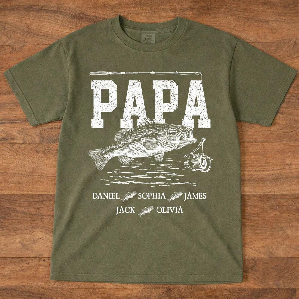 Comfort Colors® Papa Fishing Custom Name, Personalized Dad Papa Grandpa and Grandkids Gift  Father's Day T-shirt